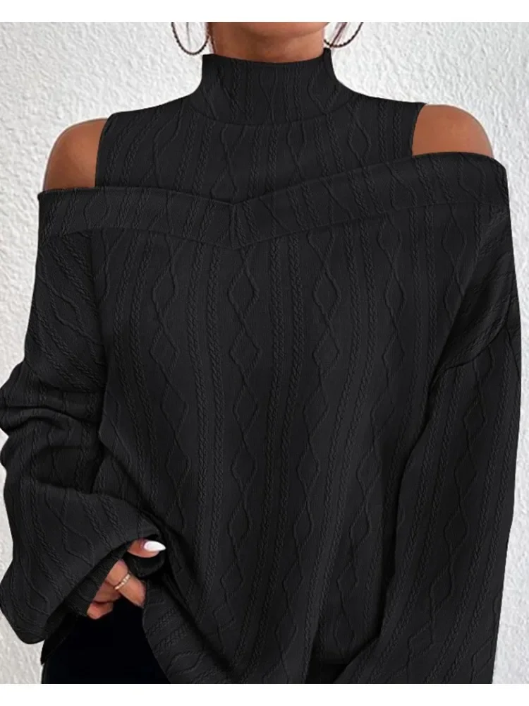 Fall 2023 Women Turtleneck Shirts and Blouses Elegant Cold Shoulder Patchwork Cable Cable Textured Top Fashion Woman Clothing