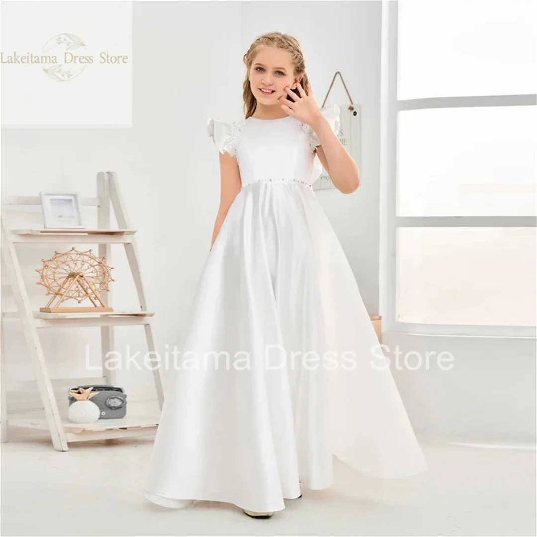 

White Satin Flower Girl Dress For Wedding Elegant Pearls Puffy With Bow Princess Birthday Party First Communion Dress Ball Gowns