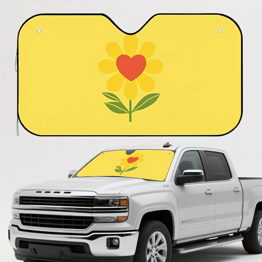 

1pc Sunny Smile Flower Car Sun Visor - Yellow With Red Heart & Green Leaves Design, Universal Fit For All Car Models, Refreshing