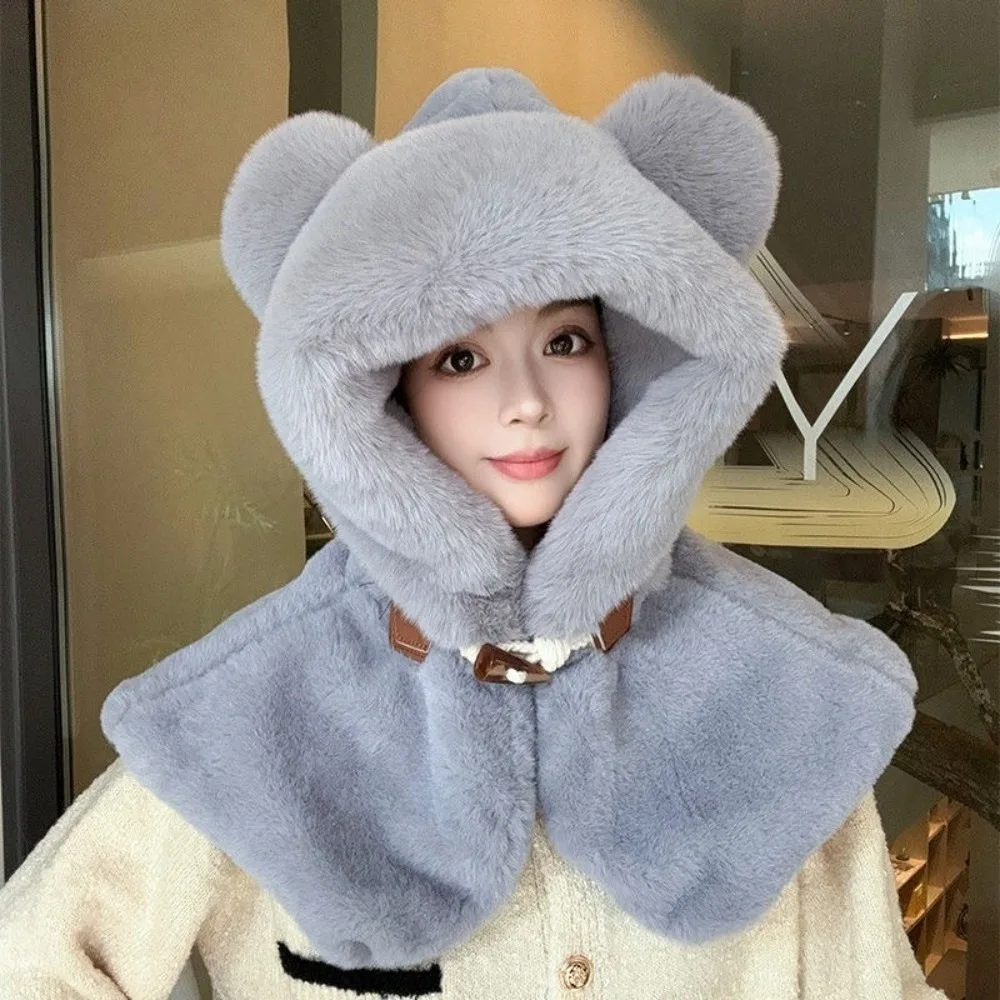

Новая интегрированная шапка с милым медведем, комплект шарфов, теплая ветрозащитная утеплитель для шеи, пушистая меховая морозостойкая шапка с капюшоном, осень и зима