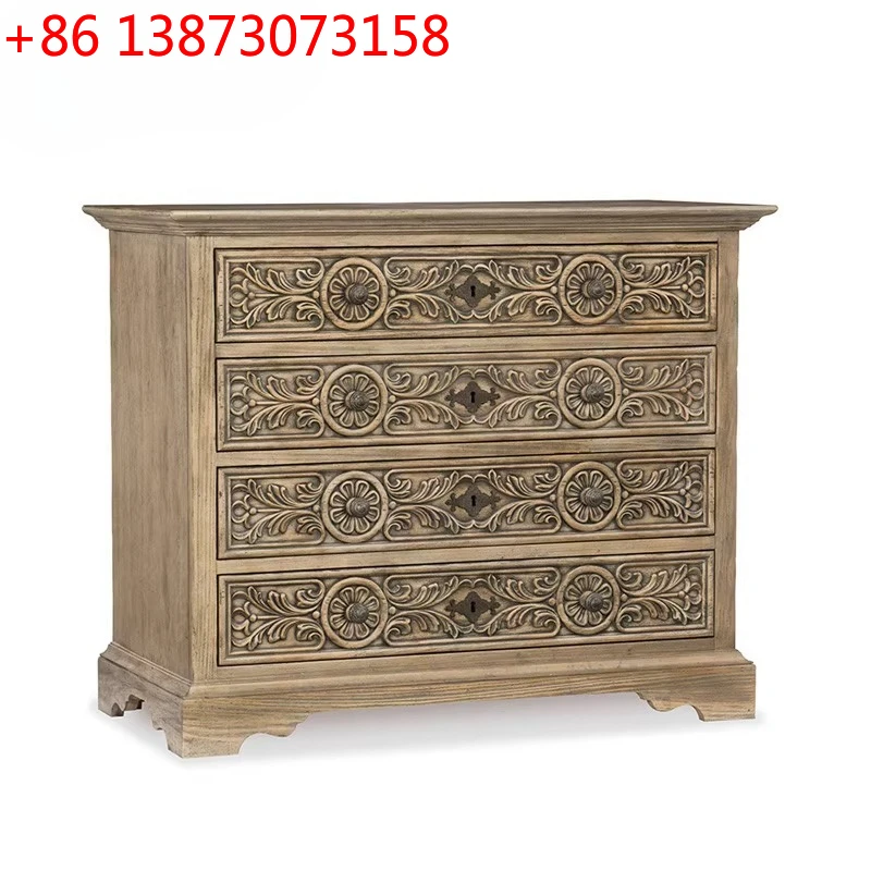 High-end American furniture French country retro solid wood carving flower bedside table European four-drawer cabinet