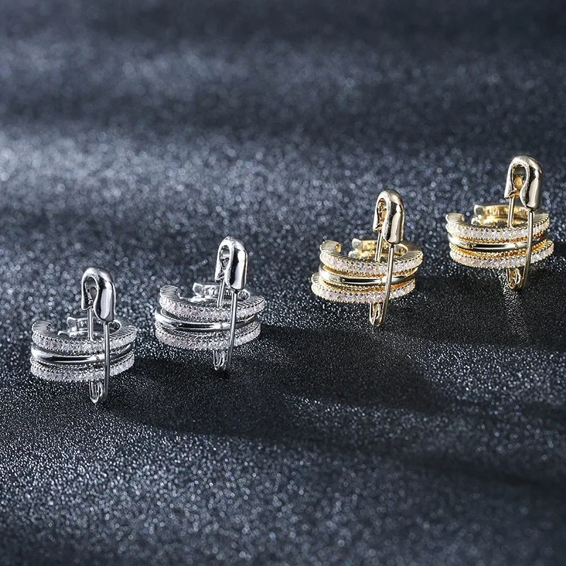 Hot-selling three-ring pin ear clips removable design light luxury fashionable personalized super flash zircon earrings