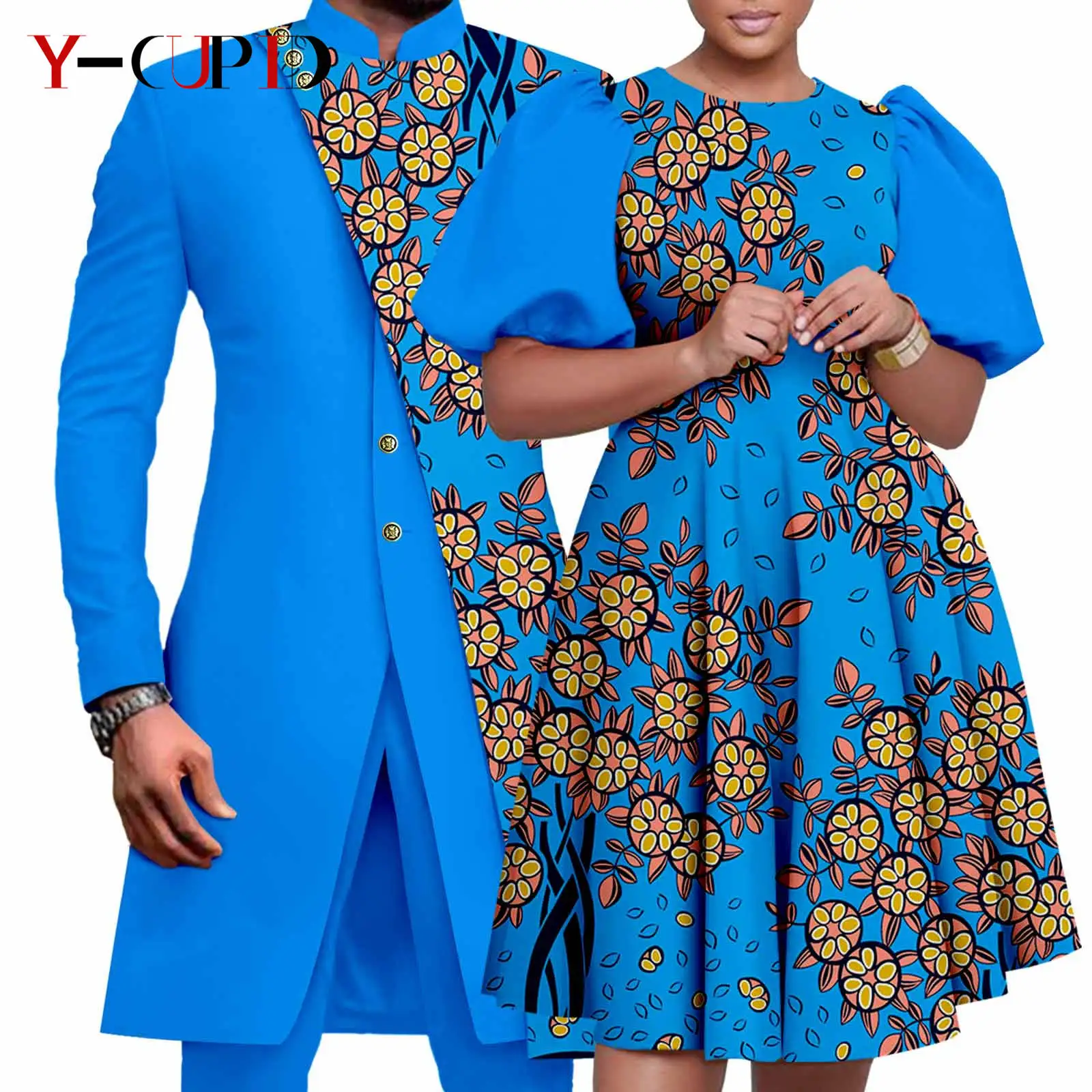 African Couple Matching Clothes Dashiki Women Print Dresses Bazin Riche Men 2 Pieces Suit Patchwork Jacket and Pant Sets Y23C076
