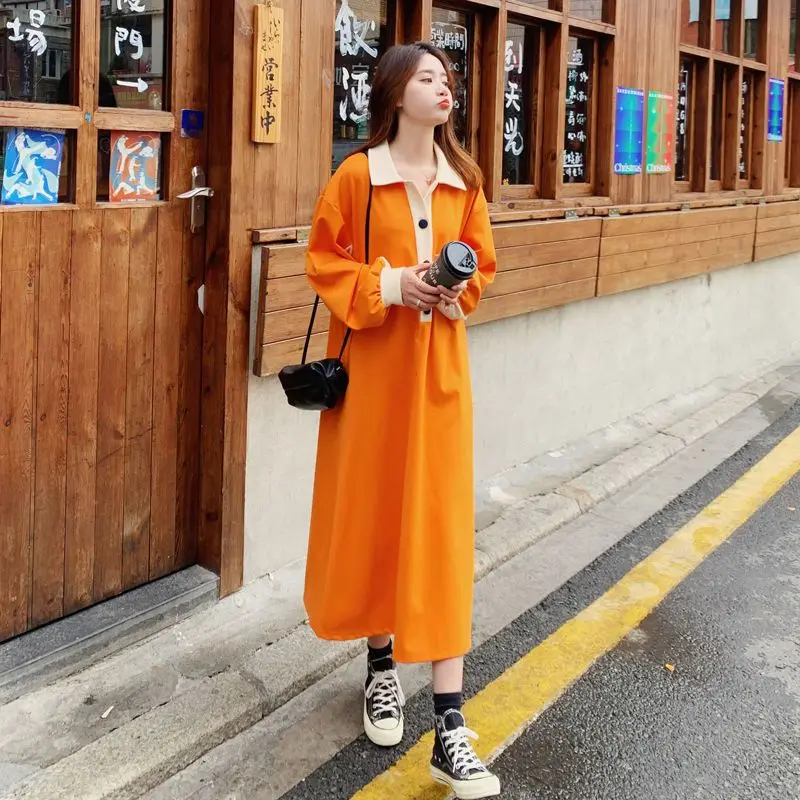 Spring New Contrast Patchwork Casual Dresses Long Sleeve Polo Neck Loose Plus Size Midi Dress Korean Fashion Women Clothing