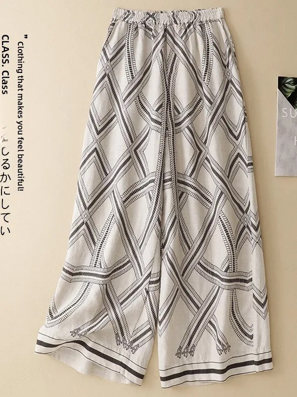 

Художественные широкие льняные брюки Faion с песочным принтом, прямые длинные брюки для женщин больших размеров, повседневные утягивающие брюки