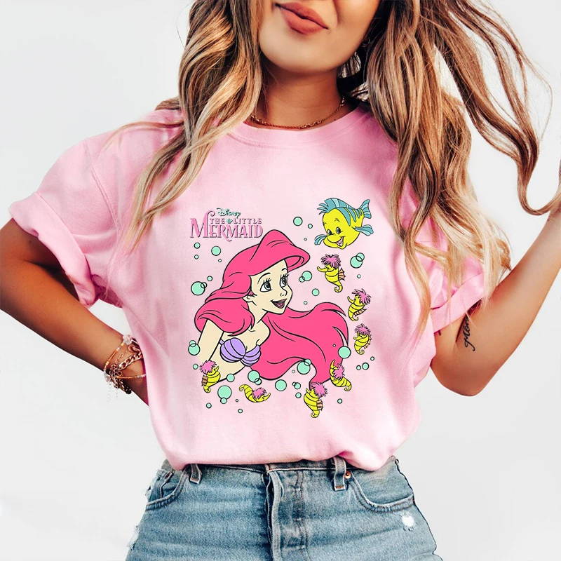 Disney Little Mermaid Printed Women's T-Shirt Pure Cotton Short Sleeve Loose Top Casual Women's Clothing