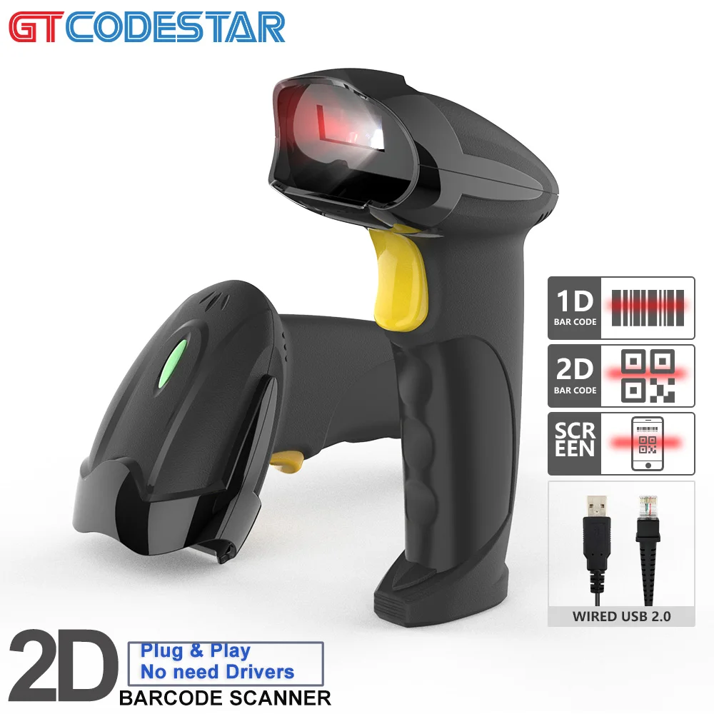 GTCODESTAR 760H Supermarket 1D Wired QR Code Reader Handheld Wireless Barcode Scanner USB Barcode Scan Gun 2D Bar Code Scanner