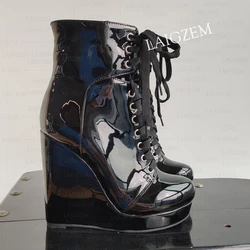 LAIGZEM Women Ankle Boots Round Toe Platform High Heel Wedges Shiny Lace Up Short Booties Handmade Shoes Woman Big Size 38 41 48