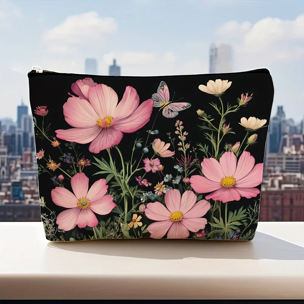 Un sac de maquillage à motifs floraux - pochette multifonctionnelle à fermeture éclair, sac de rangement de bijoux, petit sac de rangement à fermeture éclair de voyage parfait.