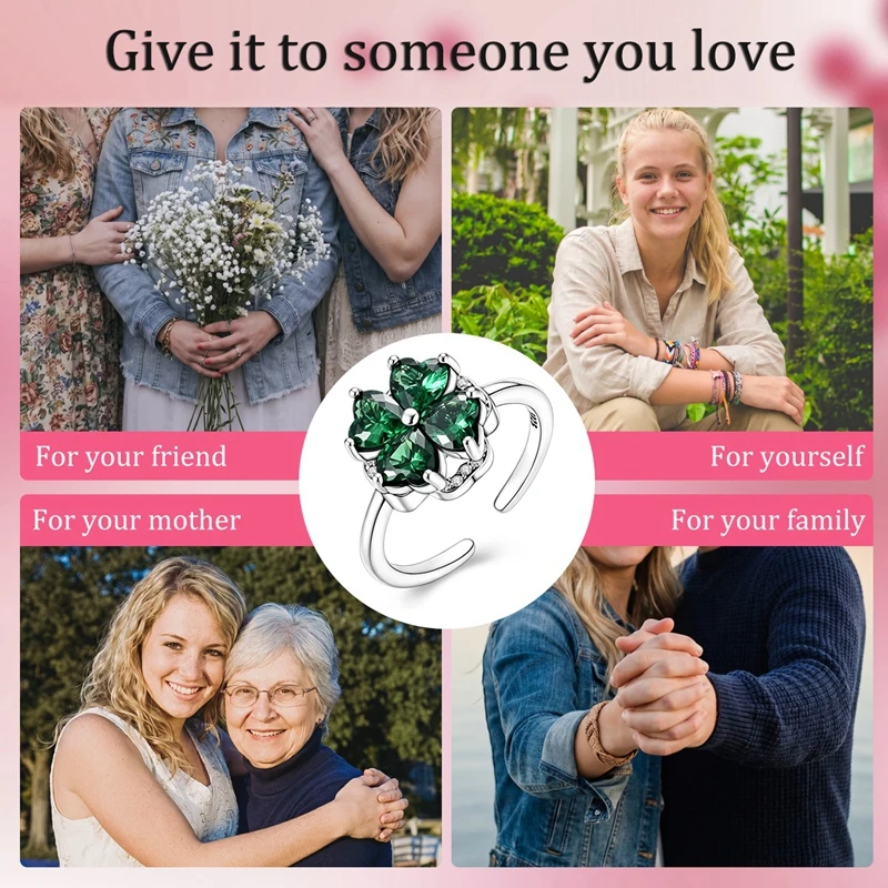 925 Sterling Silber Glücksbringer Vierblättriges Kleeblatt Ring Offen Verstellbar Stapelbar für Frauen Mädchen Schmuck Geburtstagsgeschenk – Detail 5