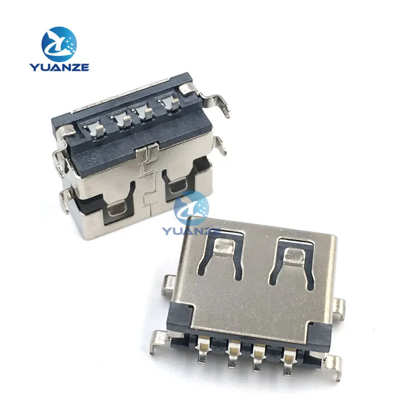 Conector USB Tipo A Fêmea, AF10.0, 4Pin Sinking Plate, SMT Preto, 10pcs