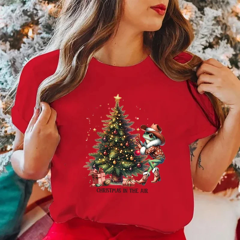 

Funny Christmas Frog In The Air Letter Print T-Shirt Womans Casual Tops Summer Cool T Shirt Plus Size Tops Tees