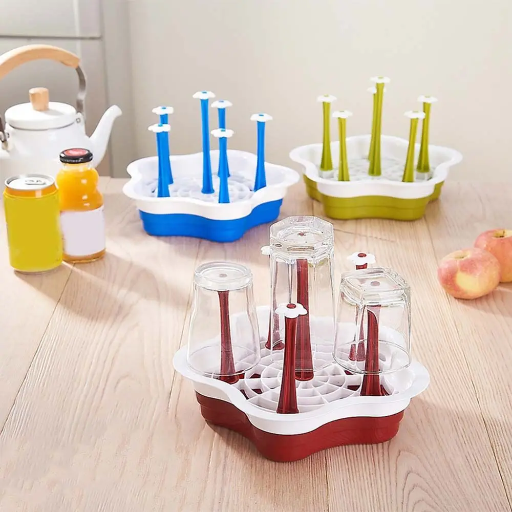 Creative Plastic Cup Drying Rack 6 Holders with Anti Slip Base Glass Cup Drainer Holder Detachable Glass Drain Rack Countertop