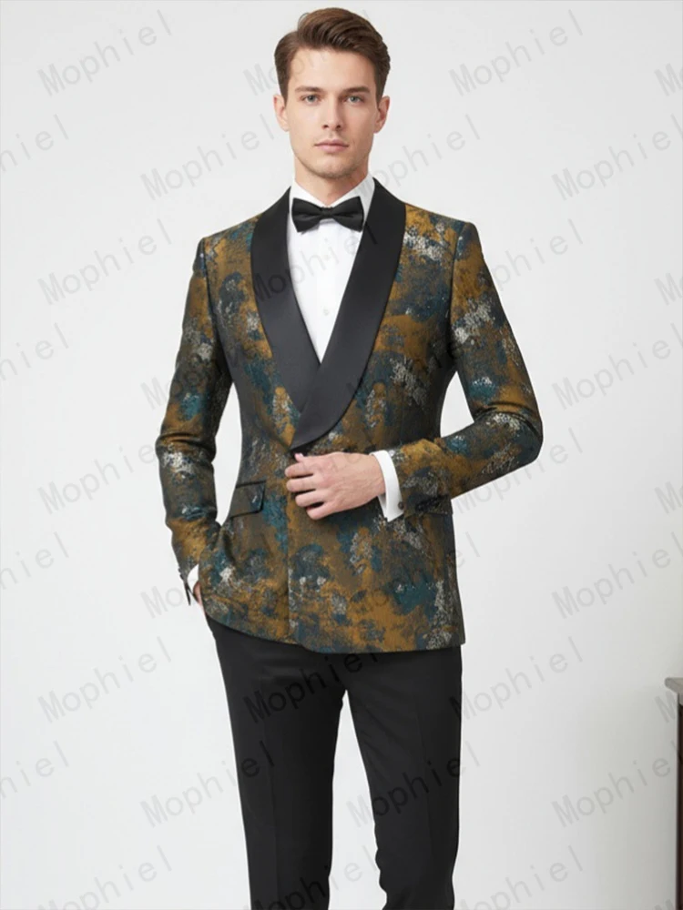 Mophiel Men's Suits and Separates Double Breasted Shawl Lapel Jacquard Prom Slim Fit Suit Office Business Blazer Customized