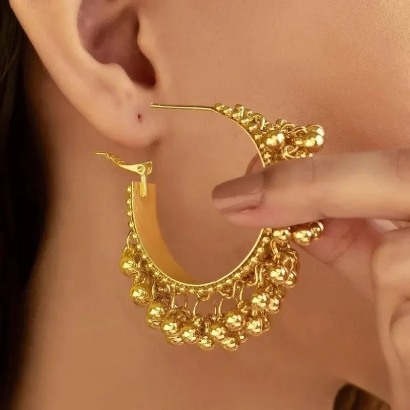 Böhmische Mode Trendige Goldfarbene Perlen Quasten-Creolen Luxuriöse Ethnische Ohrringe für Damen Party Brautschmuck Geschenke – Detail 1