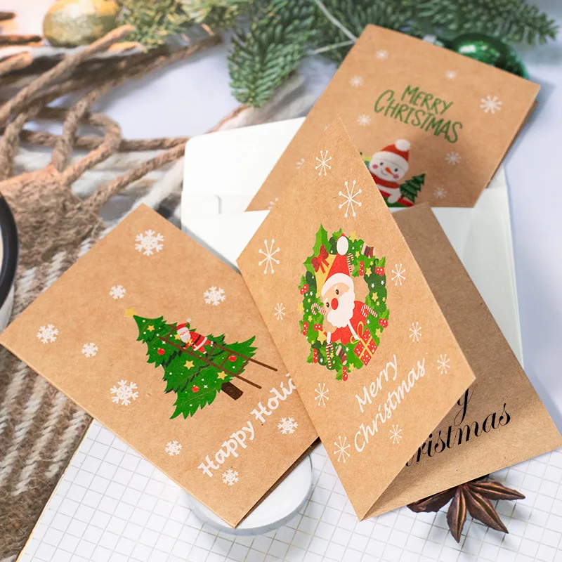 6/12pcs Vintage Merry Christmas Holiday Greeting Cards Kraft paper Gift Card with Envelope Sticker New Year Xmas Folding Card