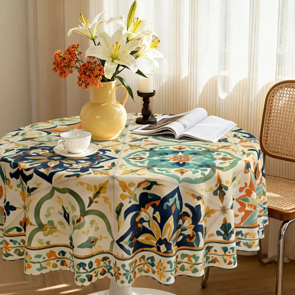 One piece of polyester tablecloth, Moroccan-style geometric floral pattern tablecloth, printed polyester fabric decoration