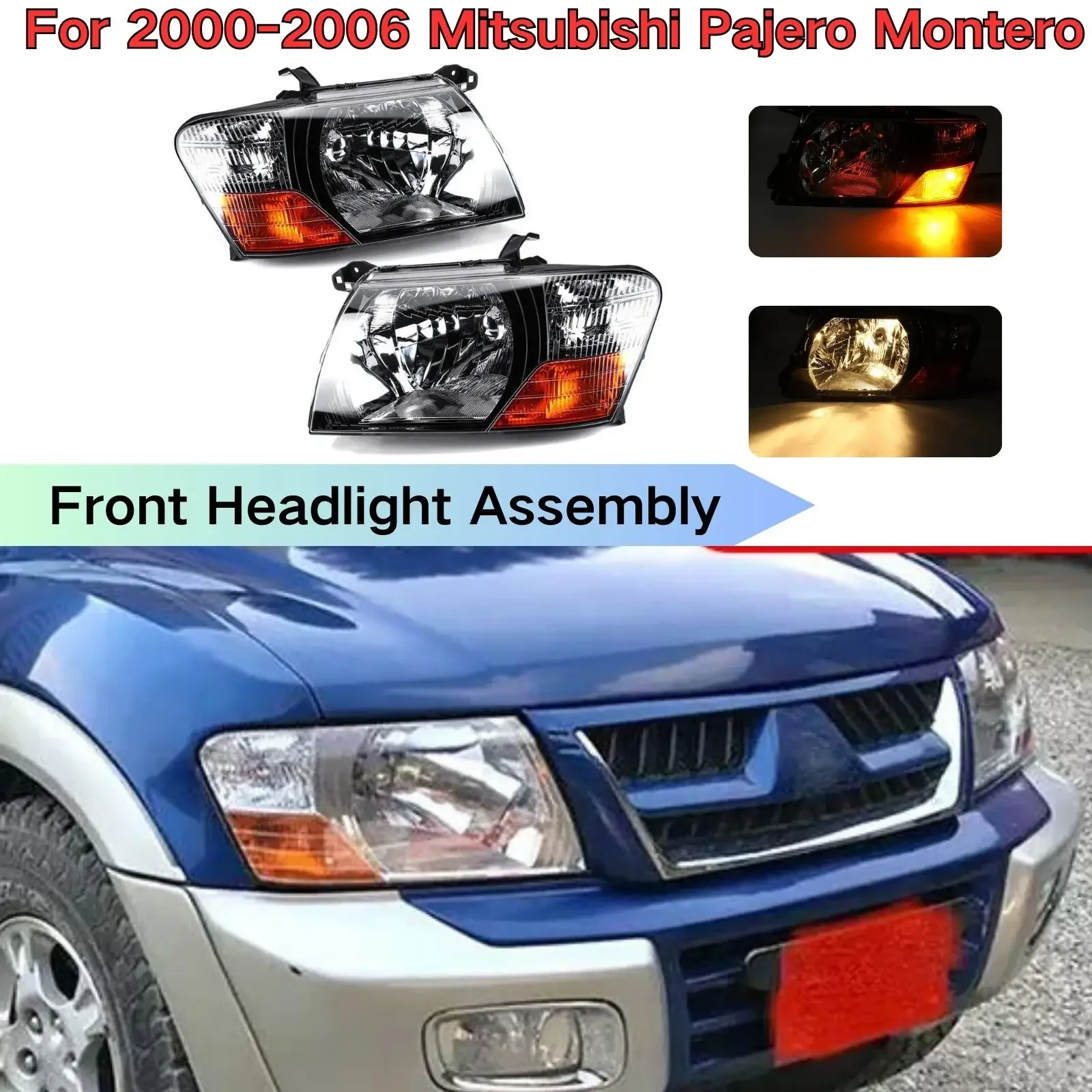 

For Mitsubishi Pajero Montero 2000 2001 2002 2003 2004-2006 Front Headlights Assembly Head Lamps Car Accessories Black Bottom