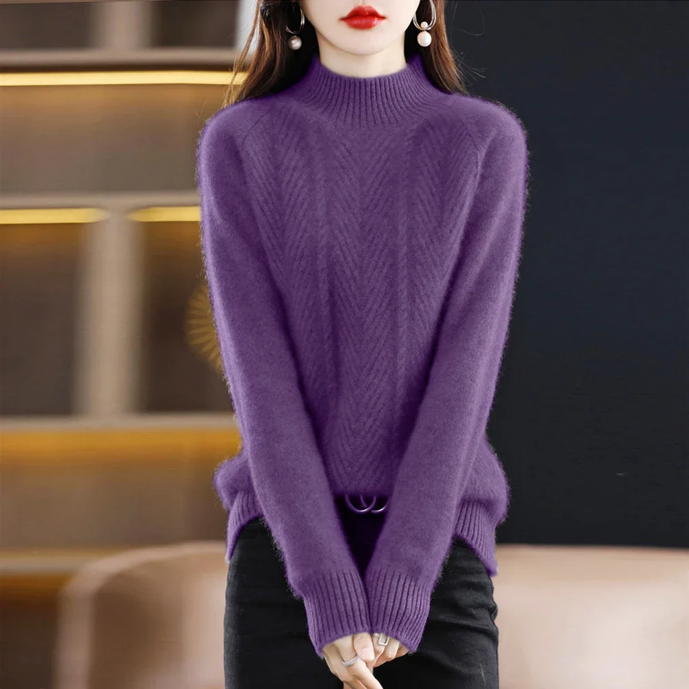 Warm Shirt Pullover Sweater Women Half High Collar Long Sleeve Sweaters Ladies Green Purple Black White Apricot Knitwear Tops