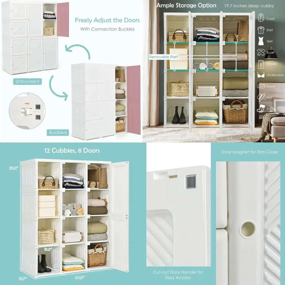 

Compact Foldable Wardrobe Organizer with 12 Storage Cubbies, Hanging Rod, and Magnetic Doors