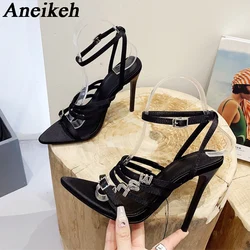 Aneikeh 2024 cristalli Sexy sandali con una cintura moda Peep Toe scarpe da festa donna tacchi alti gladiatore sandali con strass a spillo