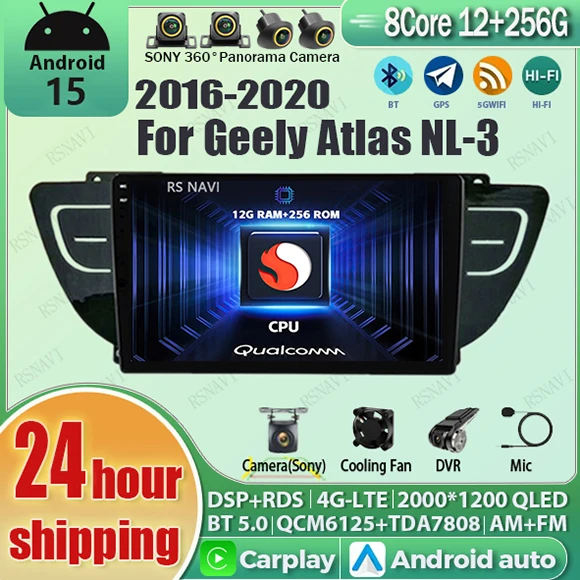 

Android 15 Carplay Auto Qualcomm 2K QLED экран автомобильный радиоплеер для Geely Atlas 2016-2020 GPS Wi-Fi мультимедиа 4G DSP стерео BT