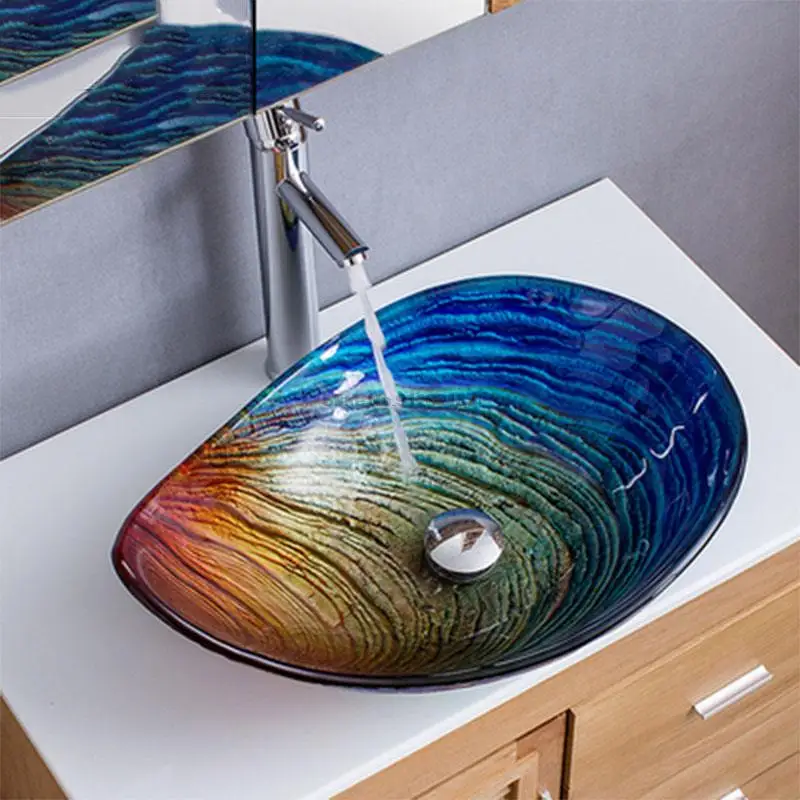 

Tempered Glass Bathroom Sink Faucet Set With Sewer Accessories T12* 550*380*170MM Fashion Art Washbasin Bath Above counter Basin