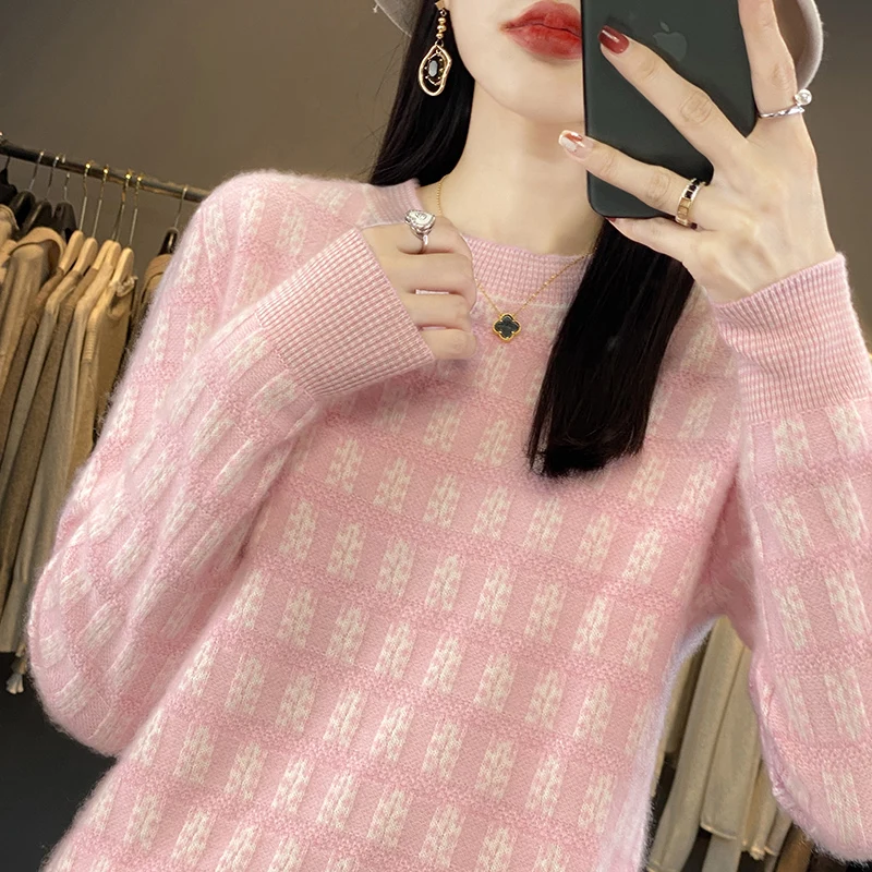 

Soft Waxy Cashmere Sweater for Women, Round Neck, Jacquard Wool, Bottoming Shirt, New, Autumn and Winter