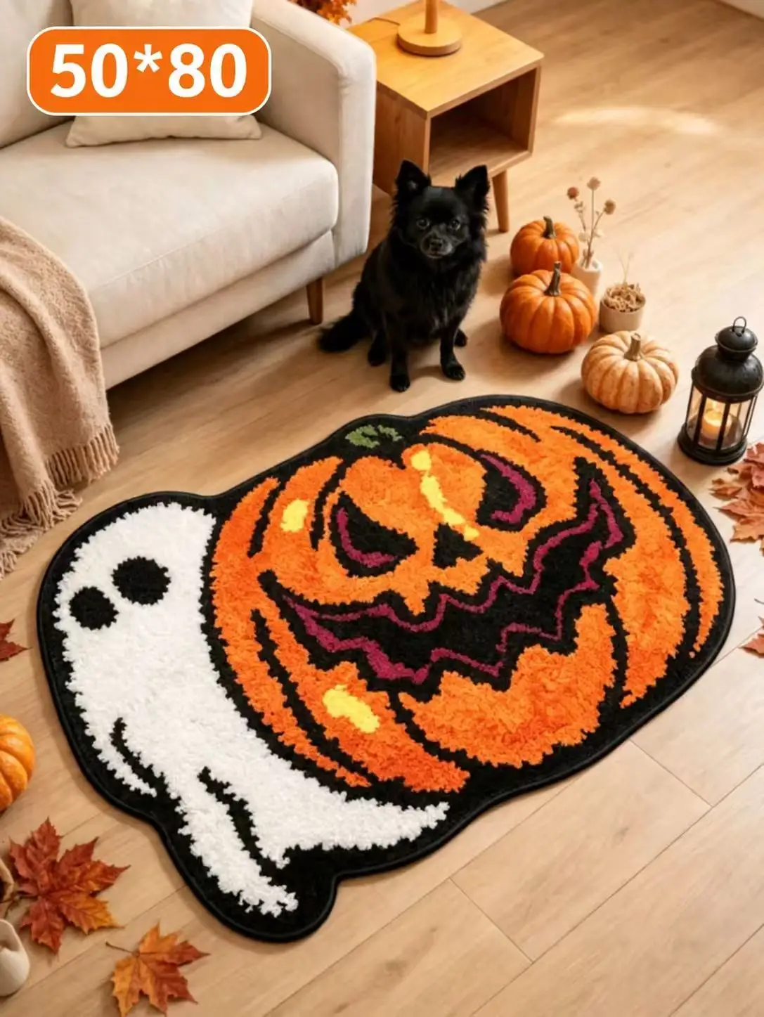 Halloween Ghost & Pumpkin Shaped Plush Doormat, Non Slip Soft Floor Rug, Fall Harvest Decorative Entrance Mat for Home Front Door Party Decor