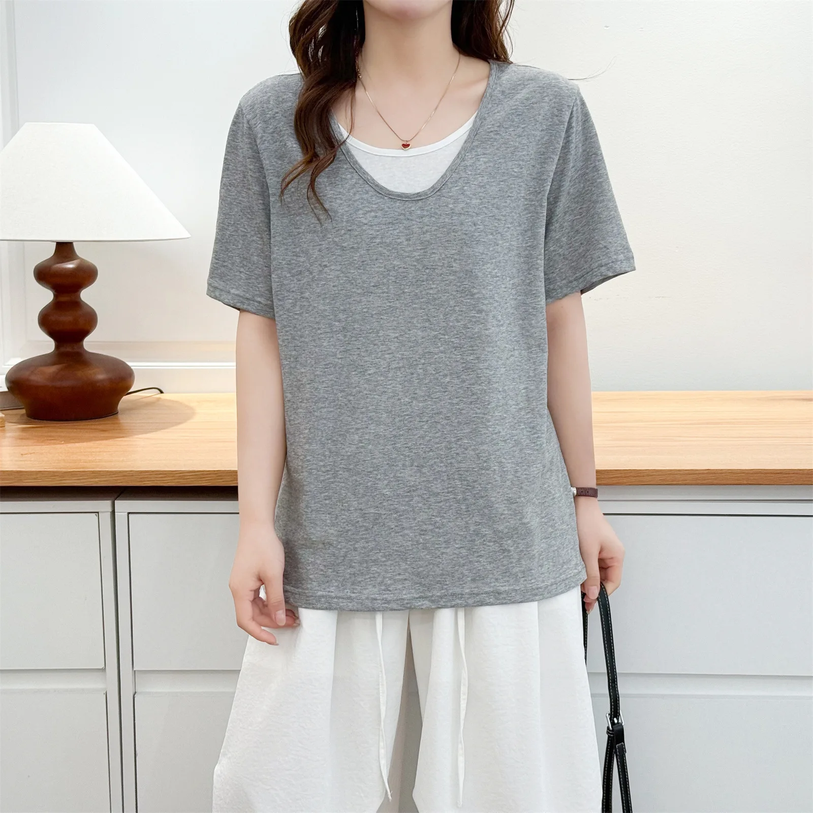 

2026 Summer Plus Size Curvy Women Snowflake Cotton Color Block Short Sleeve Thin Loose Pullover Casual Daily T-Shirt Tops 6328