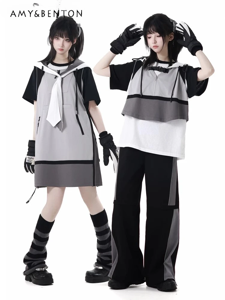 

Harajuku Black and Gray Splicing Color Leisure Sports Suit Subculture Sweet Cool Girl Hooded Vest Short-sleeved Trousers Suit