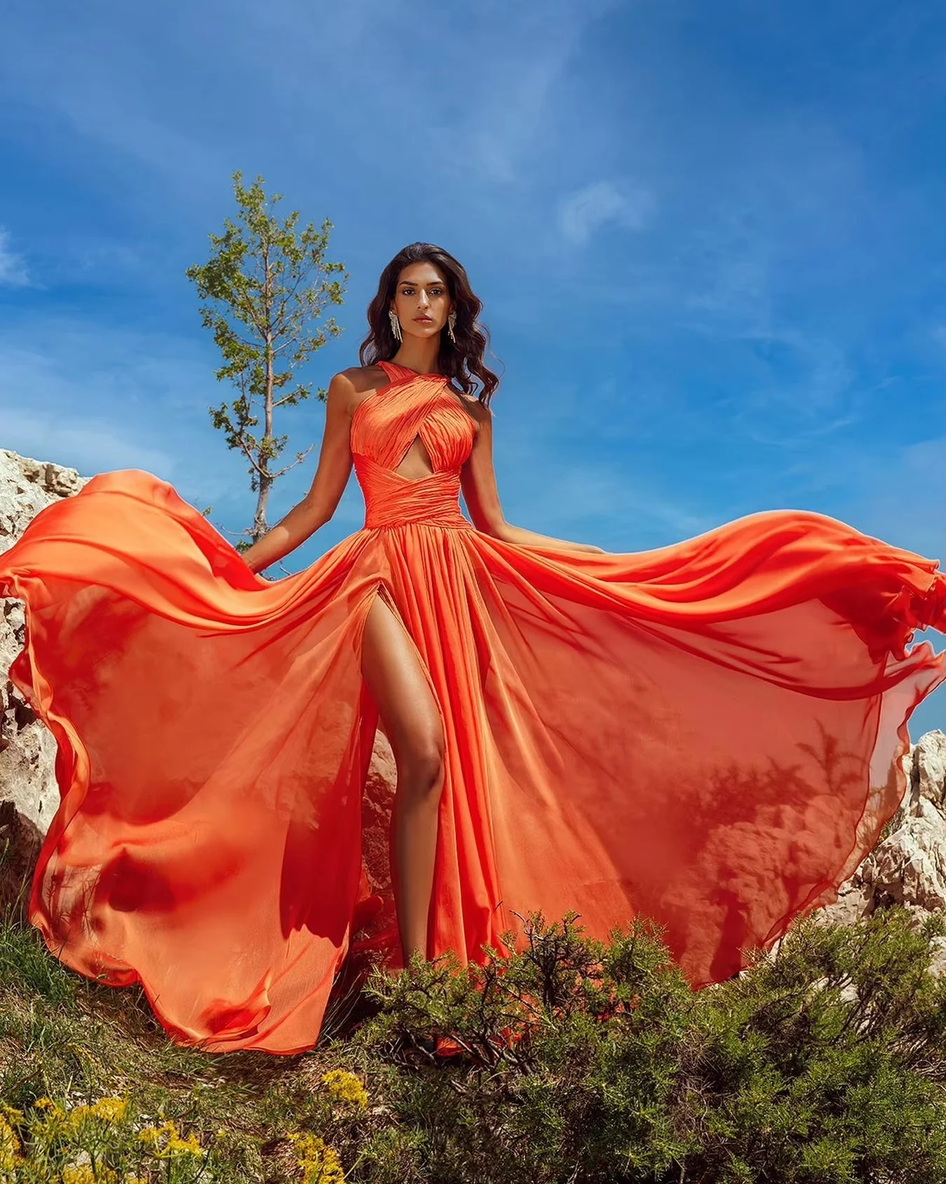 Women Halter Sleeveless Chiffon Evening Gown Orange Ruched Bodice High Split A-Line Floor-Length Back Zipper Prom Dresses