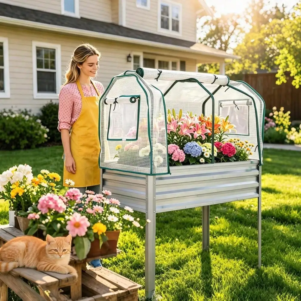 Raised Garden Bed With Greenhouse Cover, Outdoor Planter Box With Roll-Up Door & Vent, Weather-Resistant Galvanized Steel, 30-Inch Ergonomic Height For Year-Round GrowingGardening Pots, Planters & Accessories