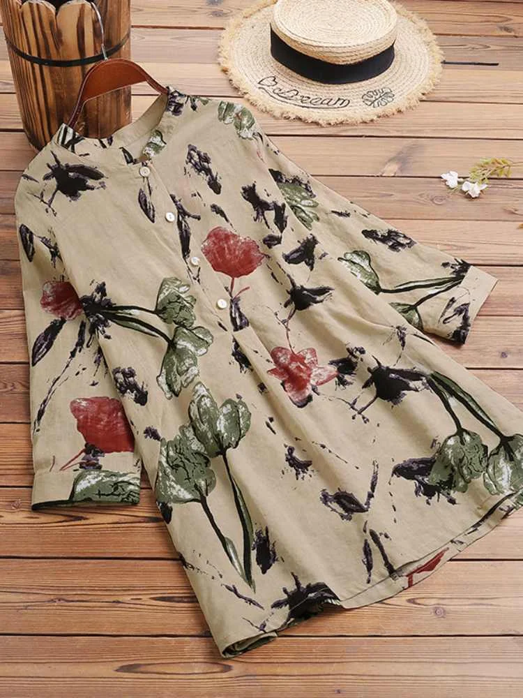 ZANZEA Vintage Floral Printed Blouses Women Autumn Casual 3/4 Sleeve O Neck Bohemian Button Up Shirt Holiday Party Tops Blusas