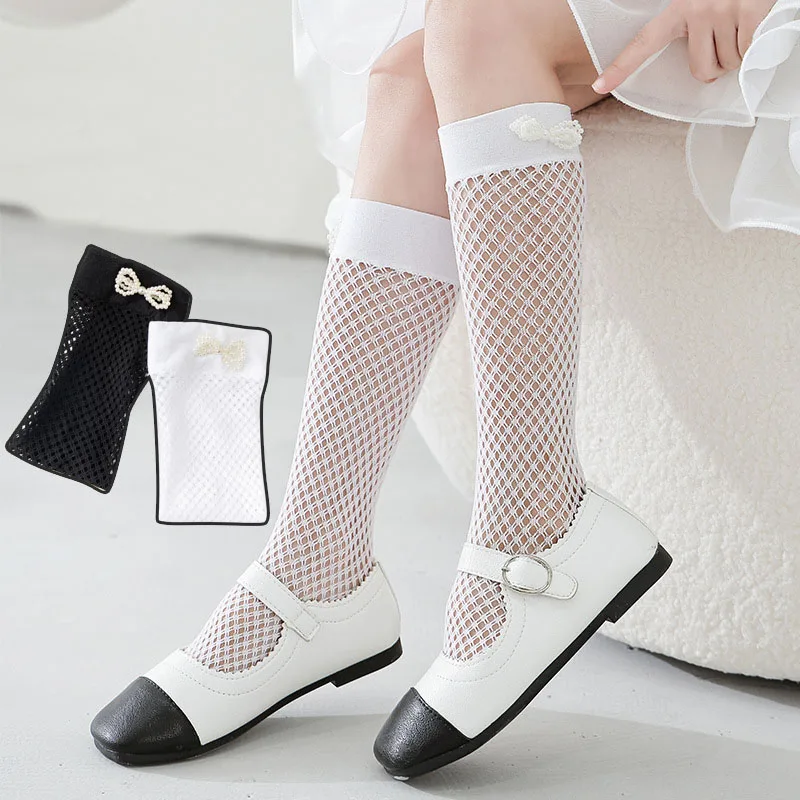 

Children Hole Socks Mesh Breathable Summer Thin Solid Color Fishnet Hollow out Pearl White Socks Girls Kids Knee High Socks