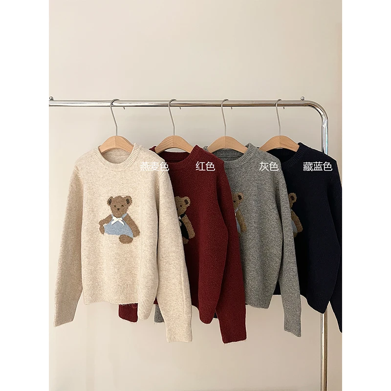 Kimotimo Bear Jacquard Bow Sweater Women Japanese Sweet Soft O Neck Pullover Autumn Winter Preppy Style Fashion Knitted Crop Top