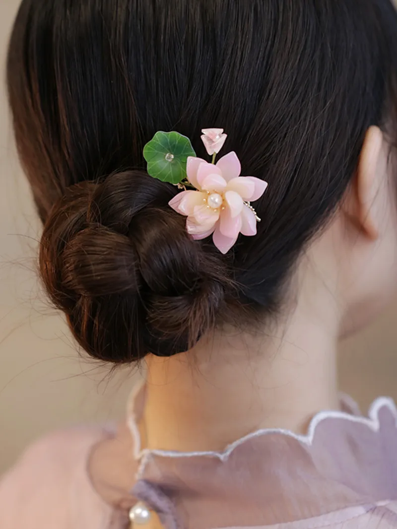 FXLRY Original Design Handmade Vintage Mori Lotus Leaf Pearl Hairpin Accessories