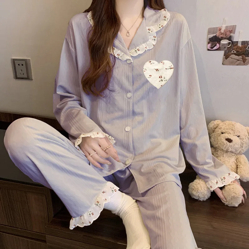 

Весенне-осенние новые женские жаккардовые пижамы с длинными рукавами и длинными брюками, милый и повседневный свободный комплект домашней одежды для девочек