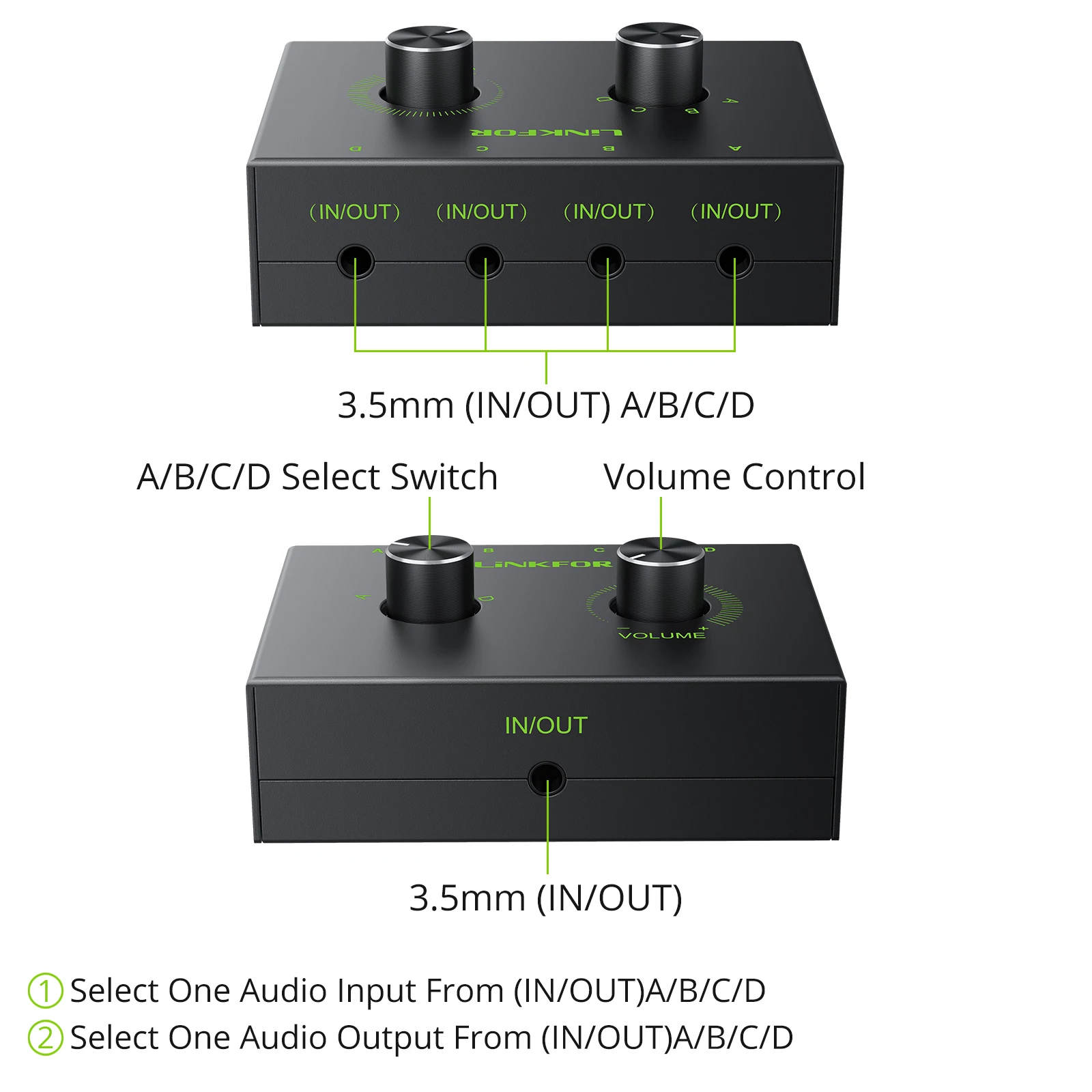 LiNKFOR 2 Way/4 Way 3.5mm Stereo Audio Switcher dwukierunkowy Audio przełącznik Splitter Box 2 w 1 Out 4 w 1 Out z przyciskiem wyciszania