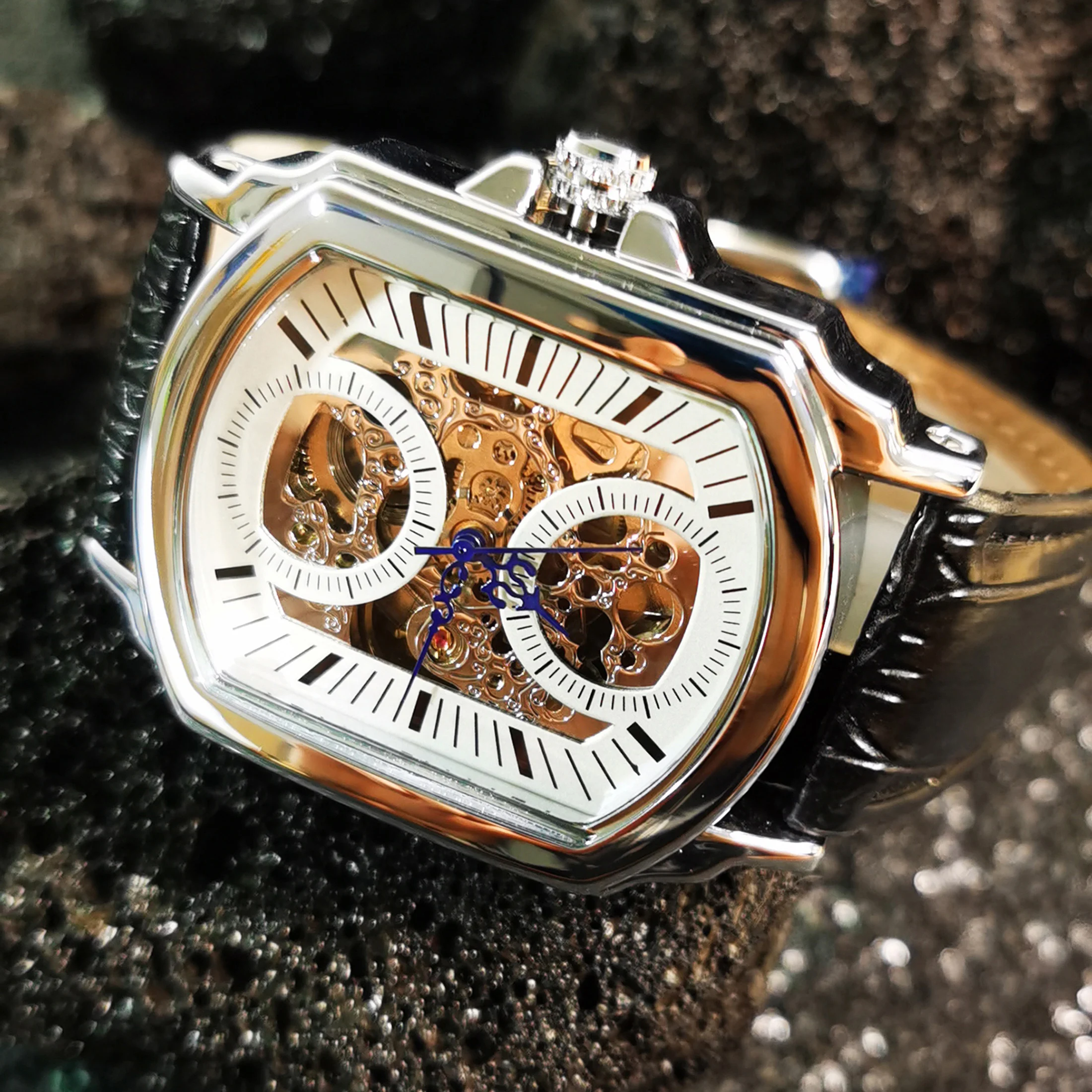 ساعات ميكانيكية للرجال من WINNER Business، مؤشرات زرقاء، هيكل عظمي غير منتظم، ساعة أوتوماتيكية للرجال، ساعة يد كاجوال بحزام جلدي #3