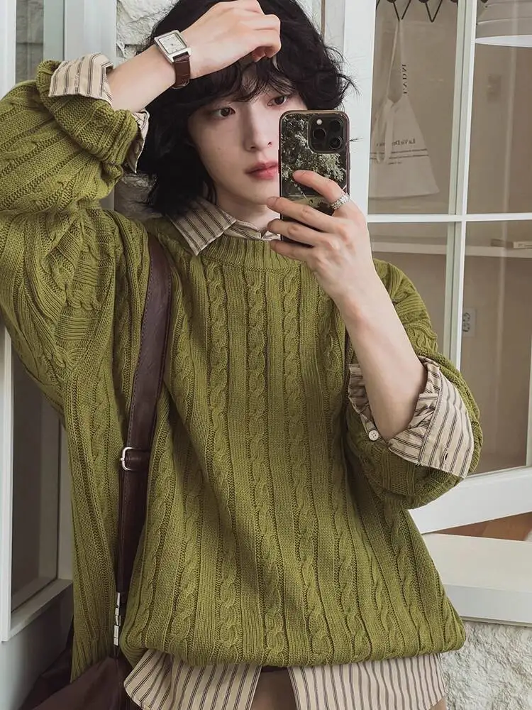 SYUHGFA بلوفرات متماسكة على الطراز الكوري سترات رجالية عتيقة برقبة دائرية سترة حياكة تناسب الجميع سترة رجالية تناسب شتاء 2025