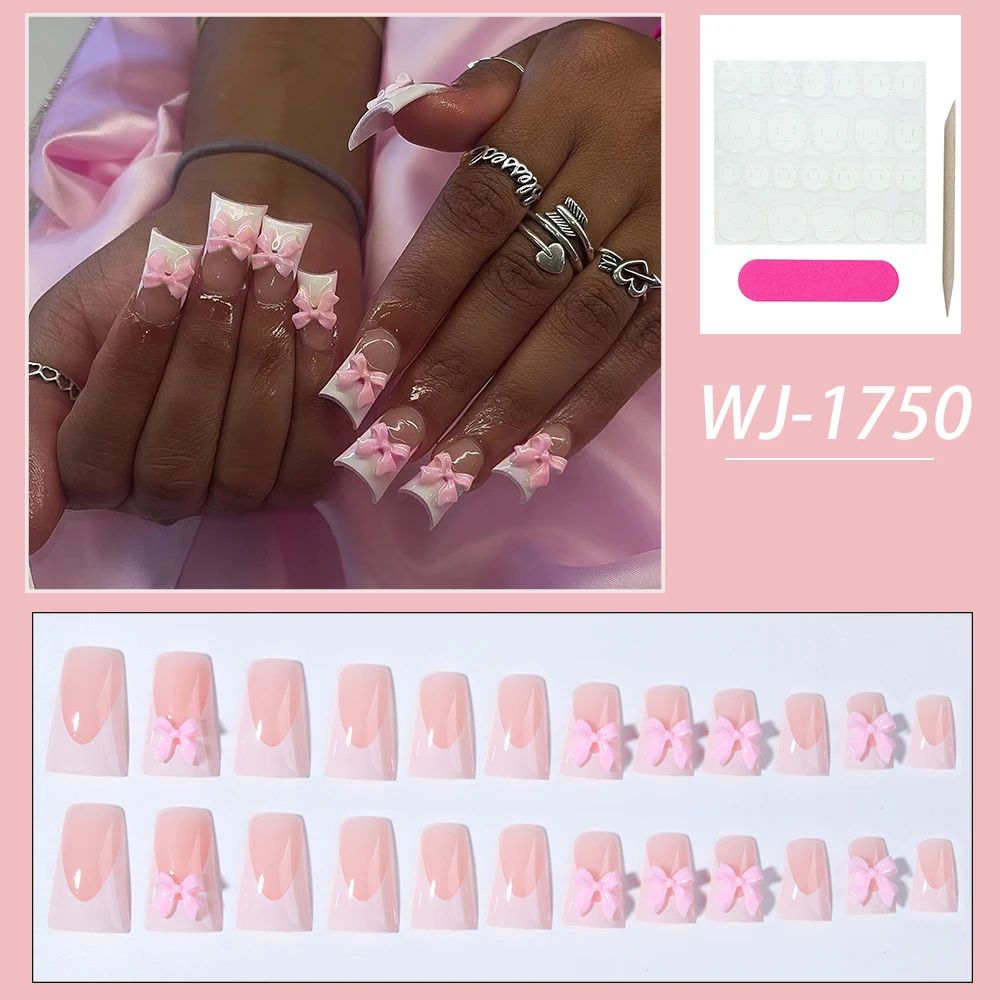 24pcs long false nails white french duck feet,pink bow decoration,press on nails removable,suitable for women and girls,reusable