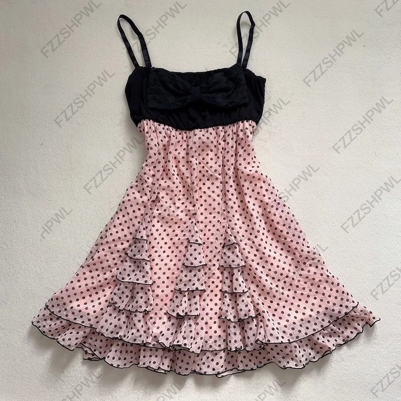 Ropa de calle Harajuku con estampado de lunares Y2K, vestido de moda Punk con tirantes, falda picante para chicas Rock Goth, falda acampanada única de rock Punk Chic