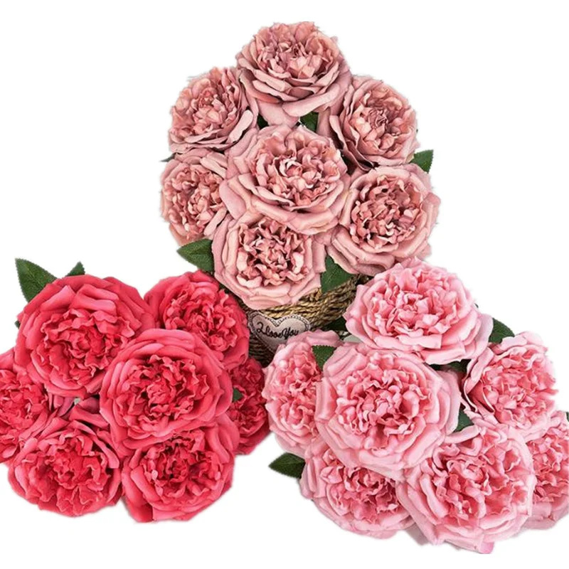 ONE Silk Austin Rose Bouquet Flower (7 Heads/Bunch) for Wedding Home Table Floral Decoration Artificial Autumn Round Rosa