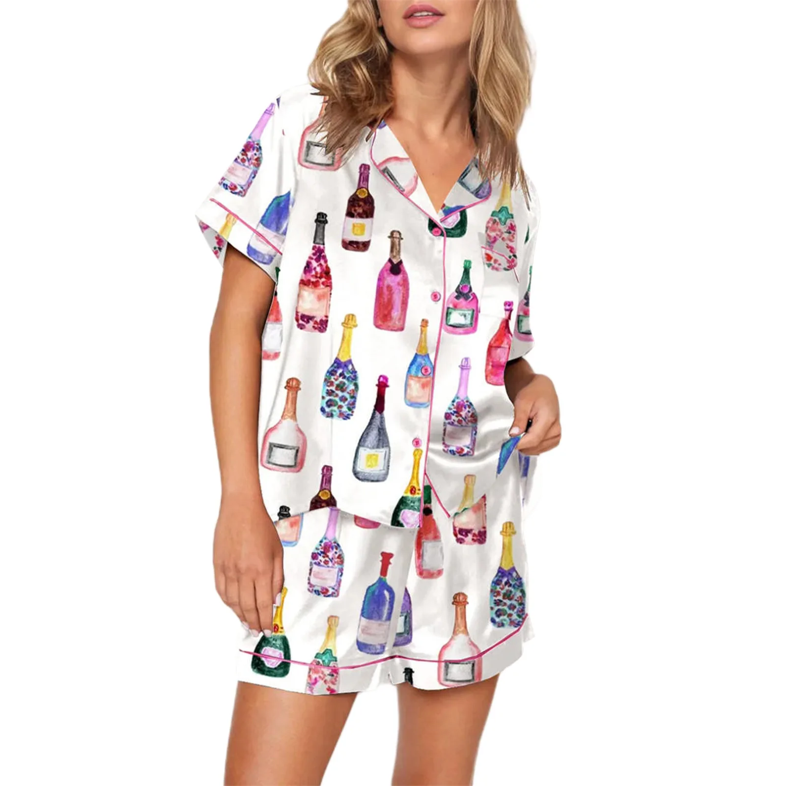 Women s Satin Pajama Set Heart Boots Print Short Sleeve Button Closure Shirt with Shorts Y2K Sleepwear Loungewear