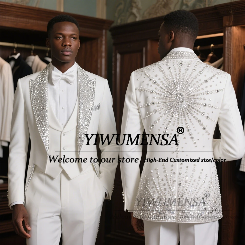

Sparkly Sequins Peaked Lapel Men Suit 2 Pieces Sets Groom Party Blazers Customized Wedding Tuxedo Slim Fit Beaded Ropa Hombre