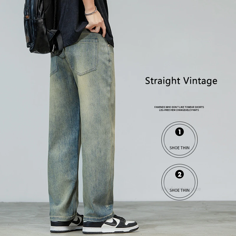 Vintage Jeans Men's 2024 New Fashion Straight Casual Pants American High Street Loose Wide Cotton Denim Trousers