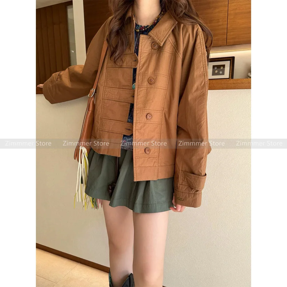 Fashion Women\'s 24 Autumn and Winter Retro Lapel Drop Shoulder Jacket Solid Colour Straight Button Loose Cotton Jacket