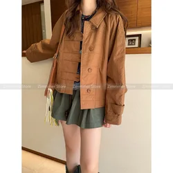 Fashion Women's 24 Autumn and Winter Retro Lapel Drop Shoulder Jacket Solid Colour Straight Button Loose Cotton Jacket