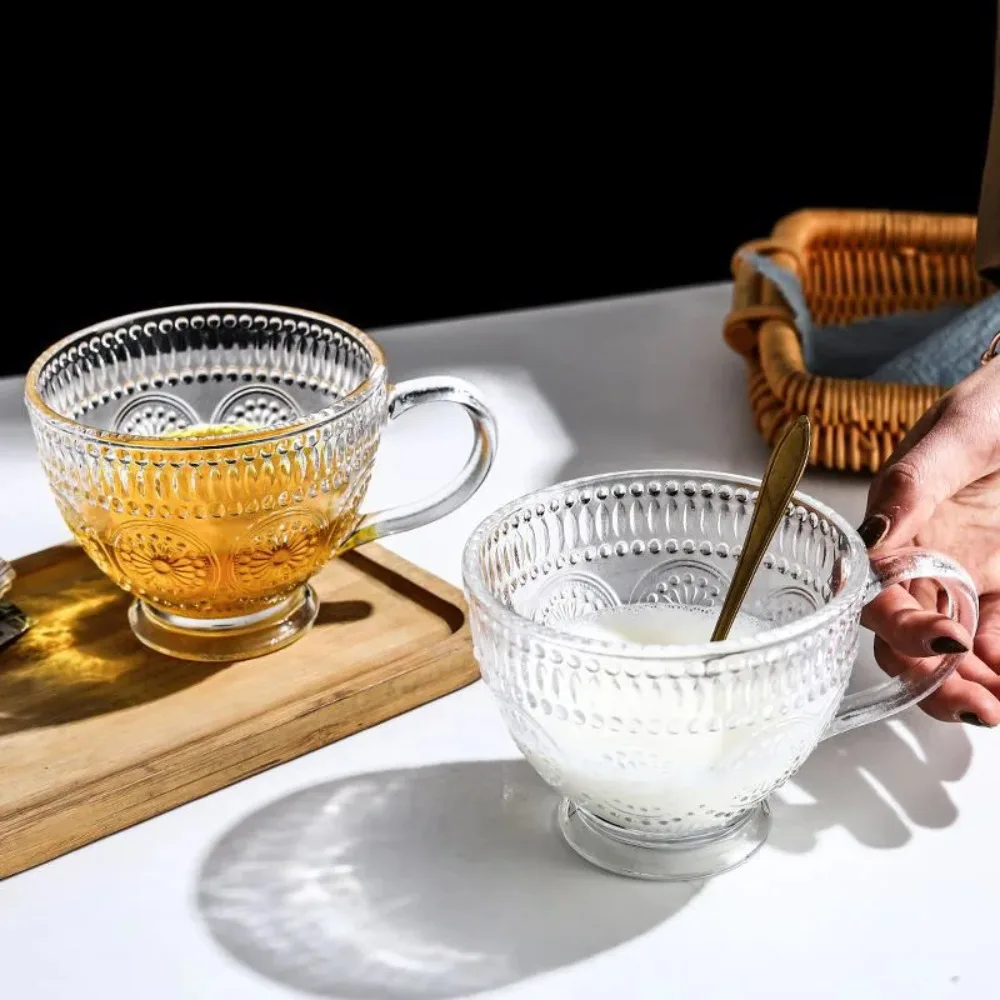 

Vintage Embossed Glass Cup 400ml Sun Flower Pattern Mug Fluted Ripple European Style Embossed Phnom Penh Glass Cup Milk